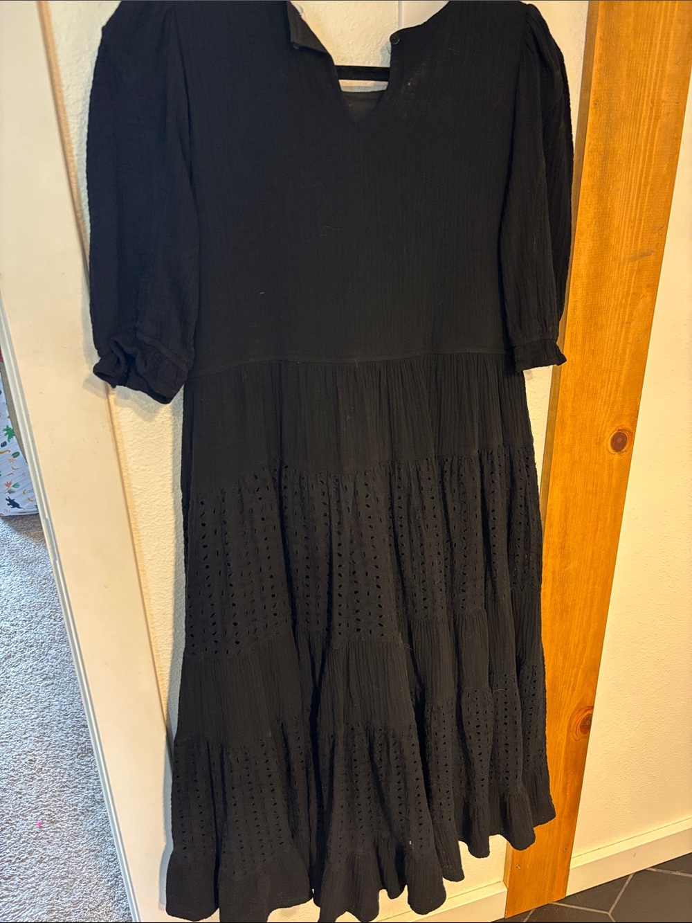 Black Midi Dress with Eyelet Skirt - Women's
